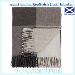 100% GENUINE Scottish Wool Blanket Import NEW WITH TAGS Block Check Herringbone